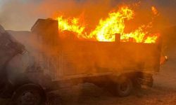 Van'da ot yüklü kamyon alev alev yandı