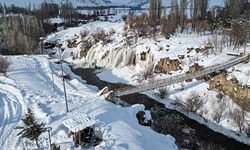 Kısmen donan Muradiye Şelalesi'nin çevresi beyaza büründü