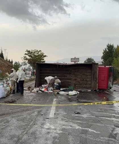 Bal ve arı kovanı yüklü kamyonet devrildi; 3 yaralı