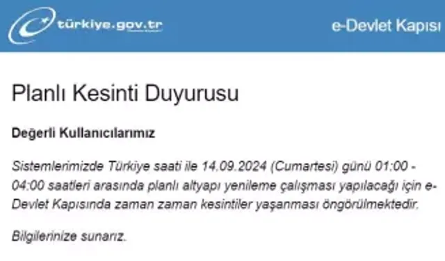 E-Devlete  4 Saat Boyunca Erişim Olmayacak!