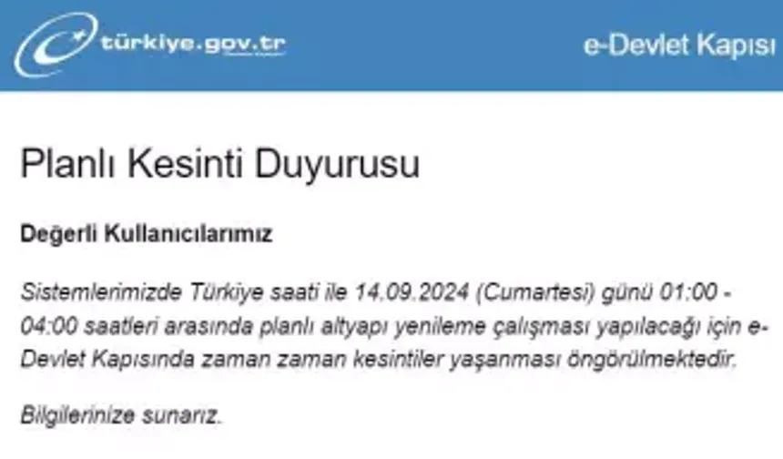 E-Devlete  4 Saat Boyunca Erişim Olmayacak!